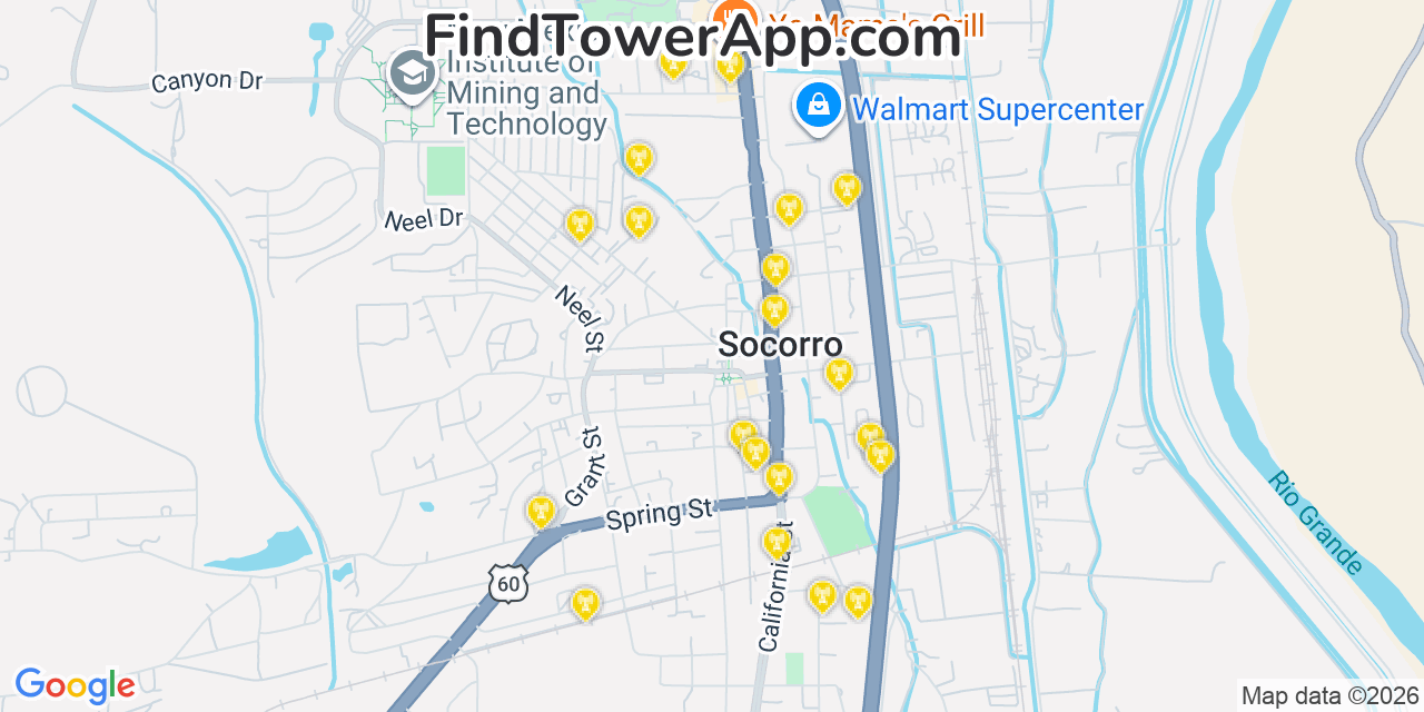 Map showing the 20 primary cell tower locations detected in Socorro, New Mexico from AT&T, Verizon, and T-Mobile networks