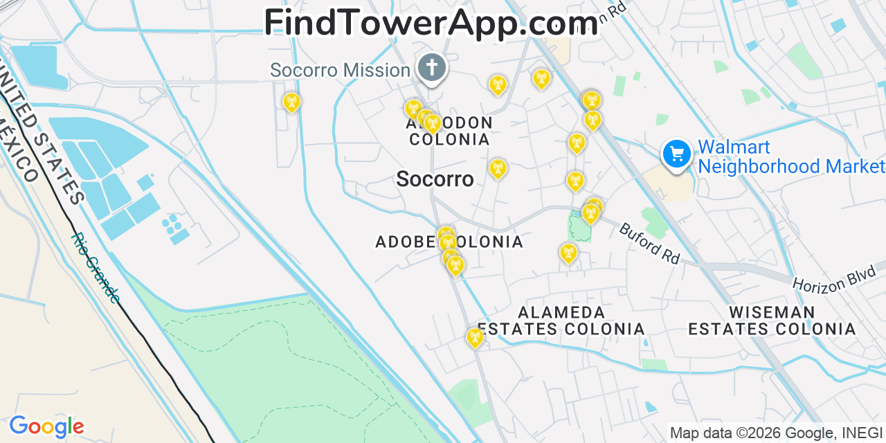 Map showing the 20 primary cell tower locations detected in Socorro, Texas from AT&T, Verizon, and T-Mobile networks