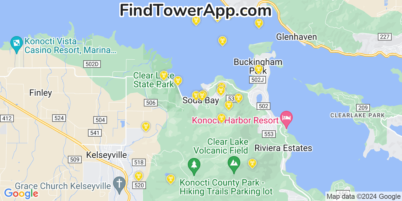 AT&T 4G/5G cell tower coverage map Soda Bay, California