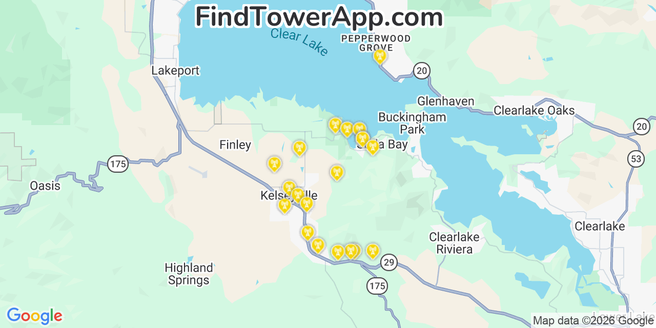 Map showing the 20 primary cell tower locations detected in Soda Bay, California from AT&T, Verizon, and T-Mobile networks