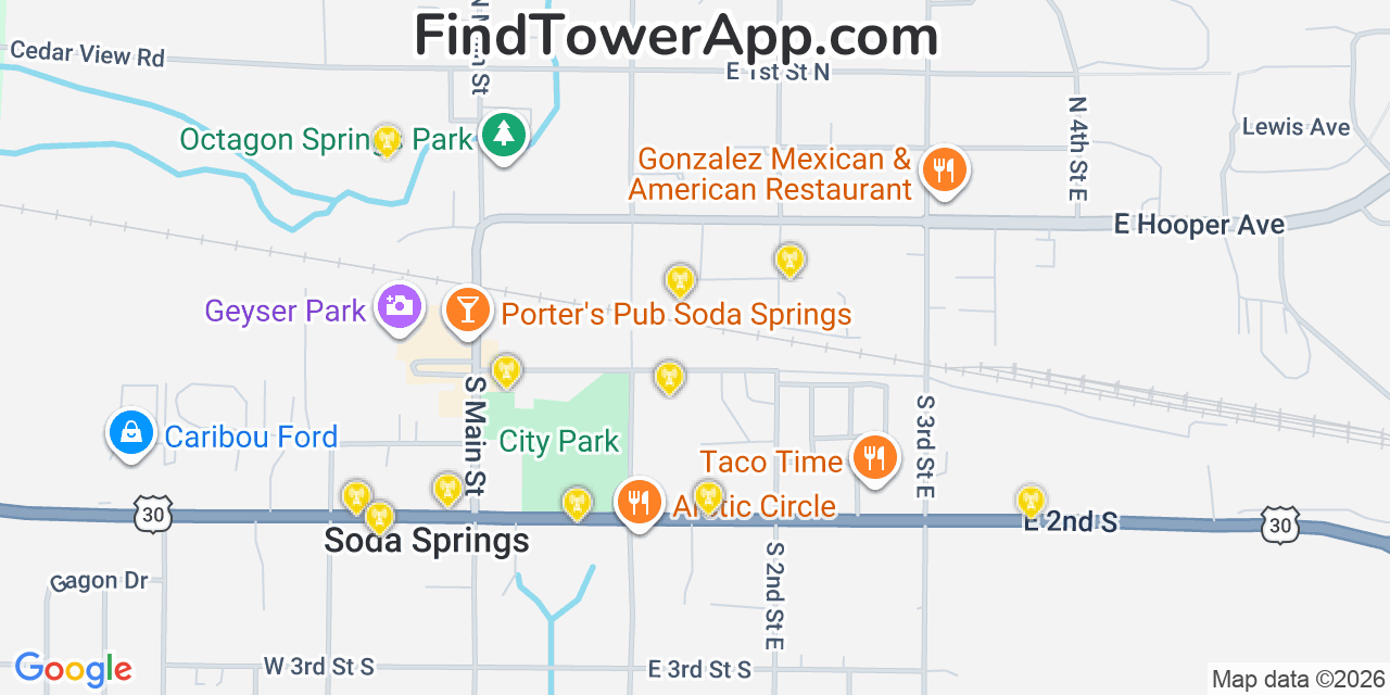 Map showing the 20 primary cell tower locations detected in Soda Springs, Idaho from AT&T, Verizon, and T-Mobile networks