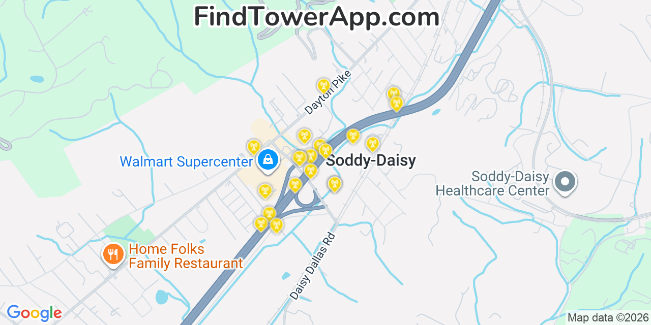 Map showing the 20 primary cell tower locations detected in Soddy Daisy, Tennessee from AT&T, Verizon, and T-Mobile networks