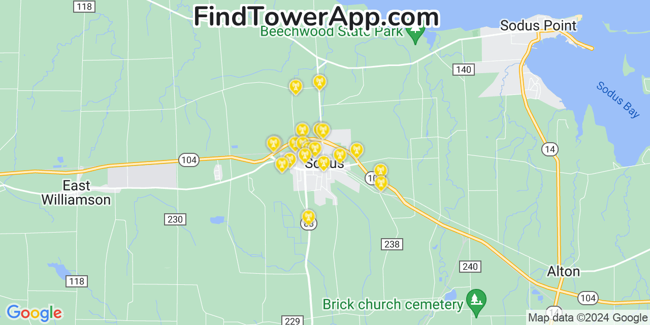 AT&T 4G/5G cell tower coverage map Sodus, New York