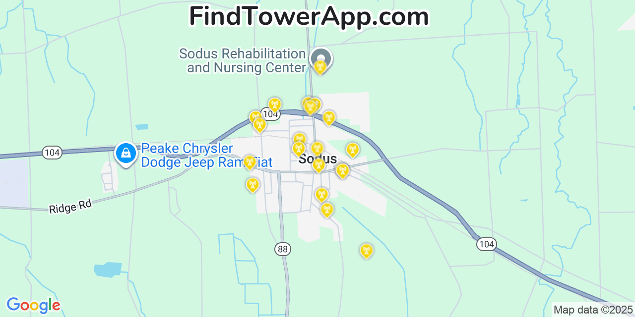 Map showing the 20 primary cell tower locations detected in Sodus, New York from AT&T, Verizon, and T-Mobile networks