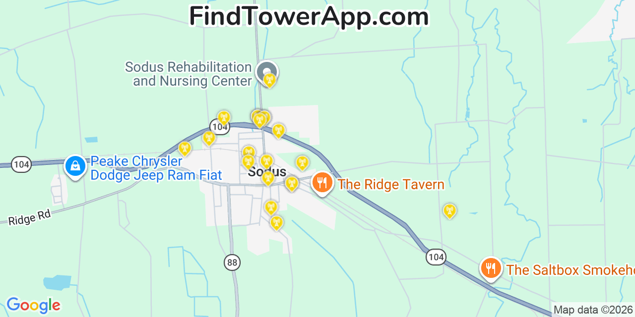 Map showing the 20 primary cell tower locations detected in Sodus, New York from AT&T, Verizon, and T-Mobile networks