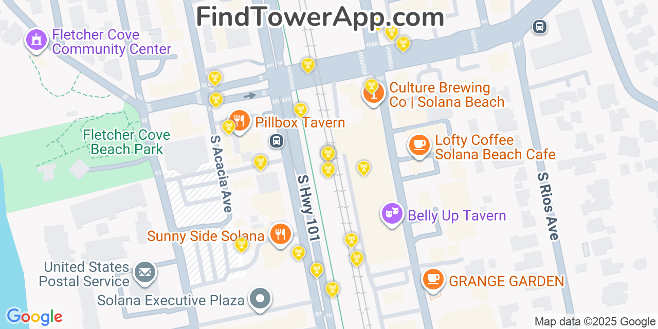 Map showing the 20 primary cell tower locations detected in Solana Beach, California from AT&T, Verizon, and T-Mobile networks