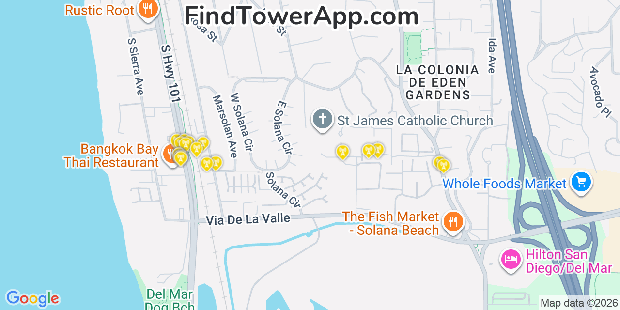 Map showing the 20 primary cell tower locations detected in Solana Beach, California from AT&T, Verizon, and T-Mobile networks