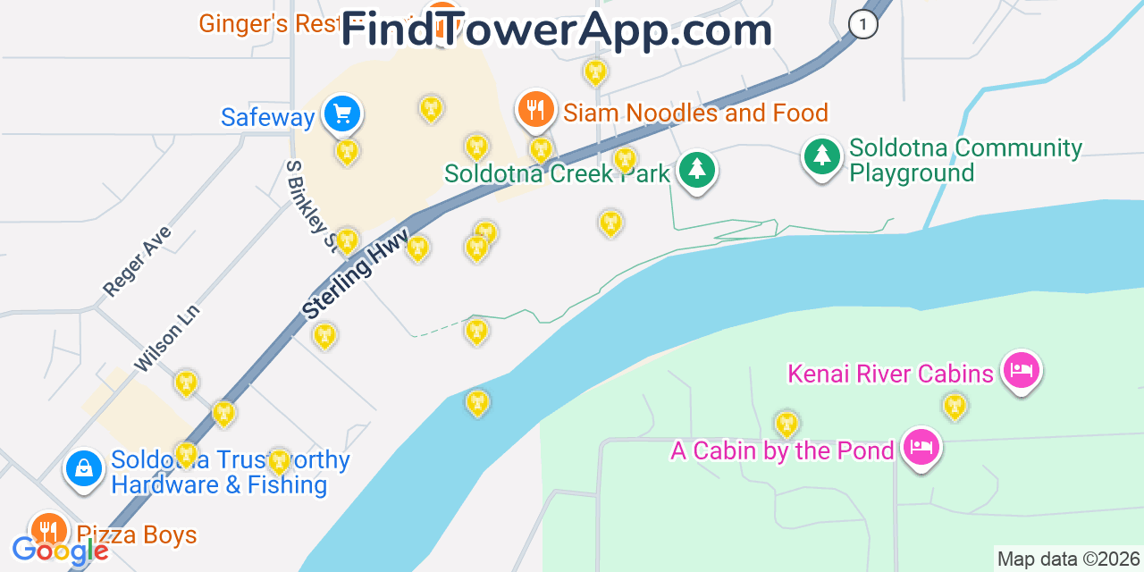 Map showing the 20 primary cell tower locations detected in Soldotna, Alaska from AT&T, Verizon, and T-Mobile networks