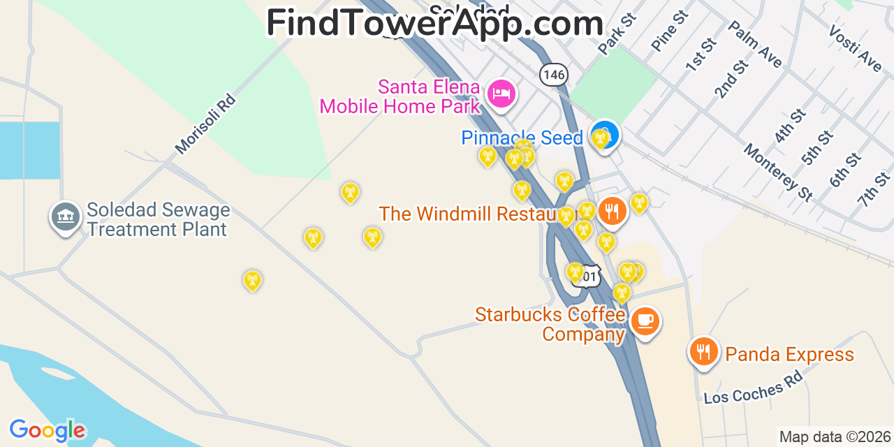 Map showing the 20 primary cell tower locations detected in Soledad, California from AT&T, Verizon, and T-Mobile networks