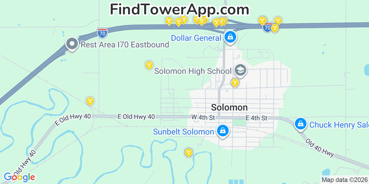 Map showing the 20 primary cell tower locations detected in Solomon, Kansas from AT&T, Verizon, and T-Mobile networks