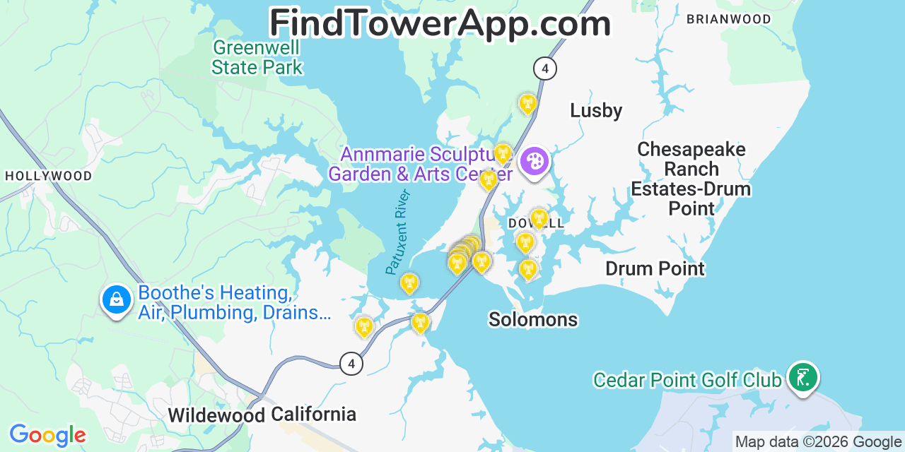 Map showing the 20 primary cell tower locations detected in Solomons, Maryland from AT&T, Verizon, and T-Mobile networks