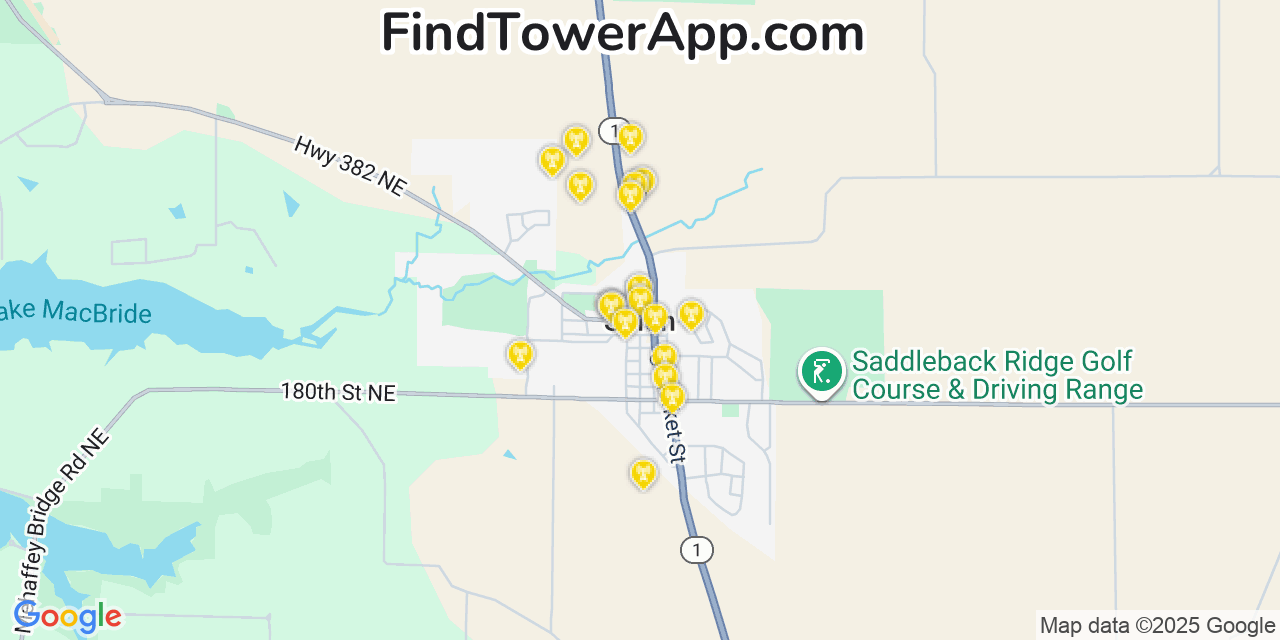 Map showing the 20 primary cell tower locations detected in Solon, Iowa from AT&T, Verizon, and T-Mobile networks