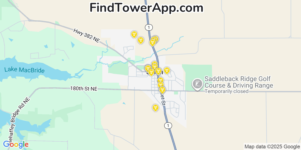 Map showing the 20 primary cell tower locations detected in Solon, Iowa from AT&T, Verizon, and T-Mobile networks