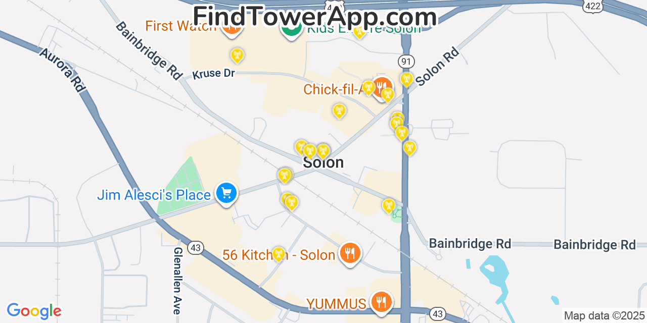 Map showing the 20 primary cell tower locations detected in Solon, Ohio from AT&T, Verizon, and T-Mobile networks