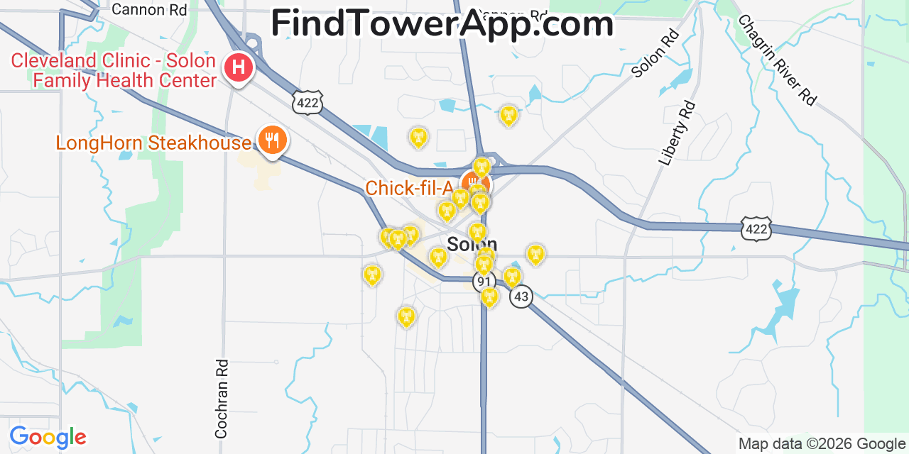 Map showing the 20 primary cell tower locations detected in Solon, Ohio from AT&T, Verizon, and T-Mobile networks