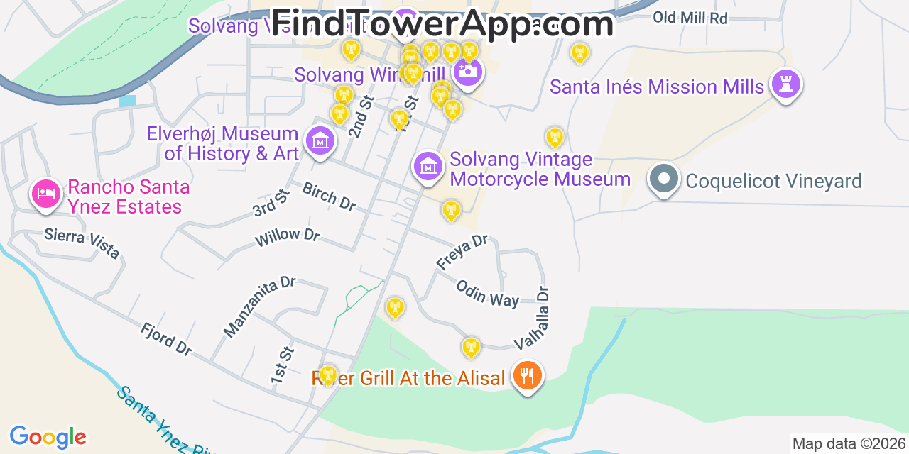 Map showing the 20 primary cell tower locations detected in Solvang, California from AT&T, Verizon, and T-Mobile networks