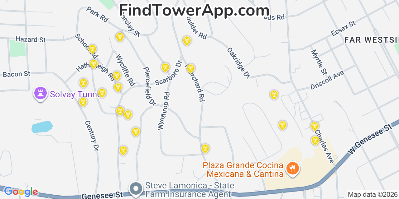 Map showing the 20 primary cell tower locations detected in Solvay, New York from AT&T, Verizon, and T-Mobile networks