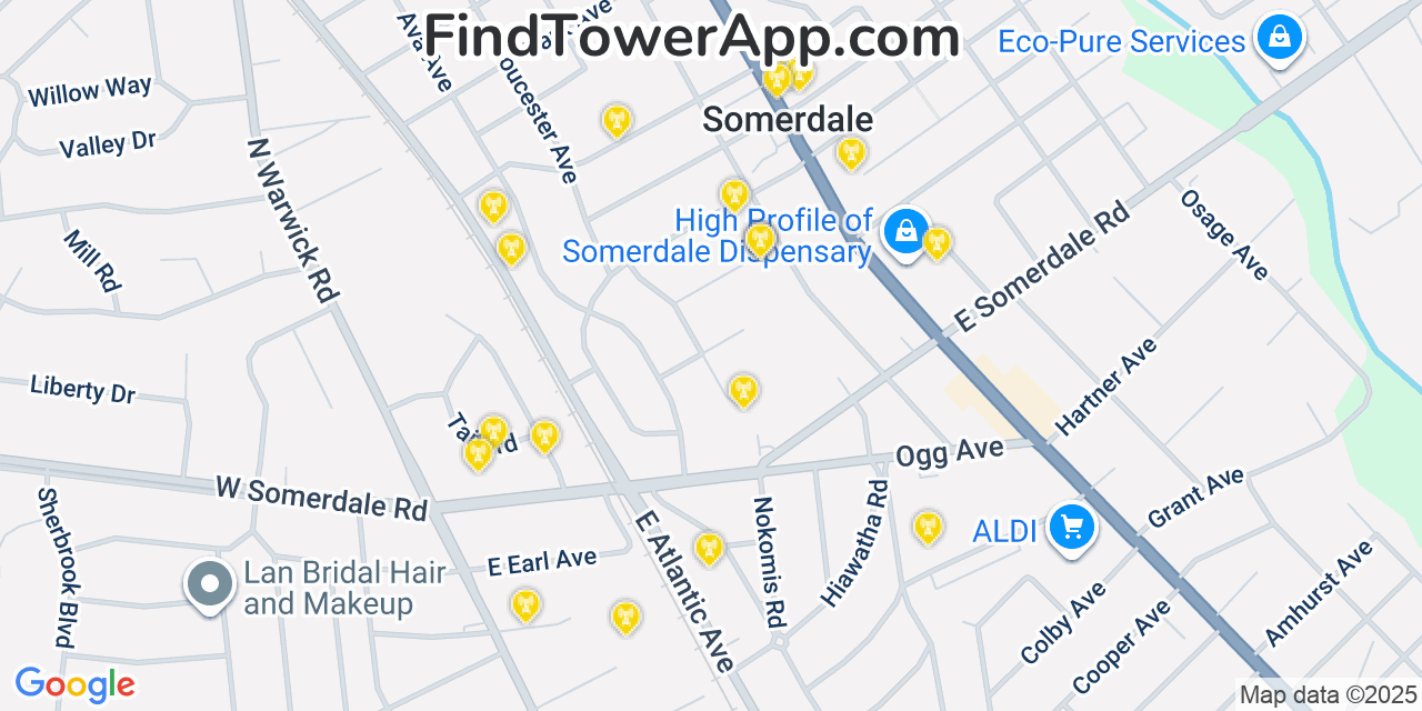 Map showing the 20 primary cell tower locations detected in Somerdale, New Jersey from AT&T, Verizon, and T-Mobile networks