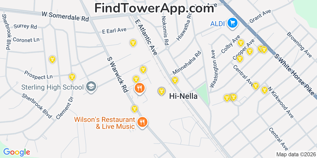 Map showing the 20 primary cell tower locations detected in Somerdale, New Jersey from AT&T, Verizon, and T-Mobile networks