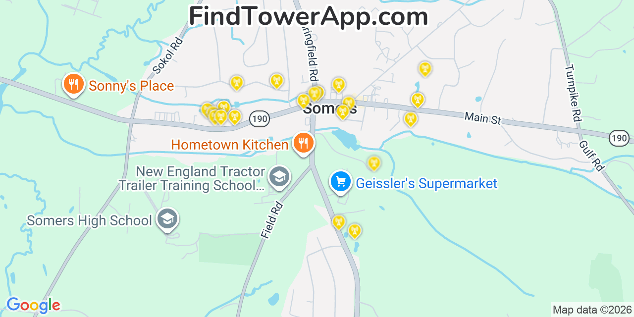 Map showing the 20 primary cell tower locations detected in Somers, Connecticut from AT&T, Verizon, and T-Mobile networks