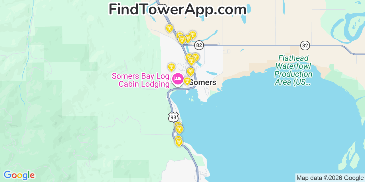Map showing the 20 primary cell tower locations detected in Somers, Montana from AT&T, Verizon, and T-Mobile networks