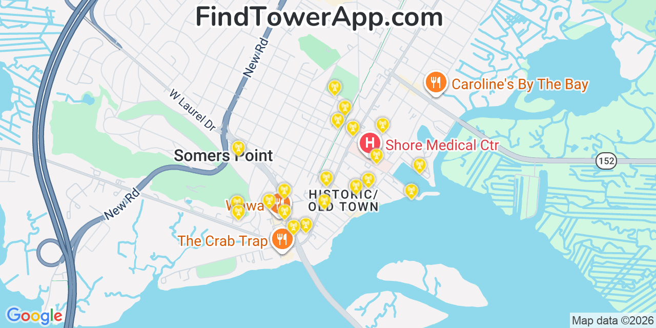 Map showing the 20 primary cell tower locations detected in Somers Point, New Jersey from AT&T, Verizon, and T-Mobile networks