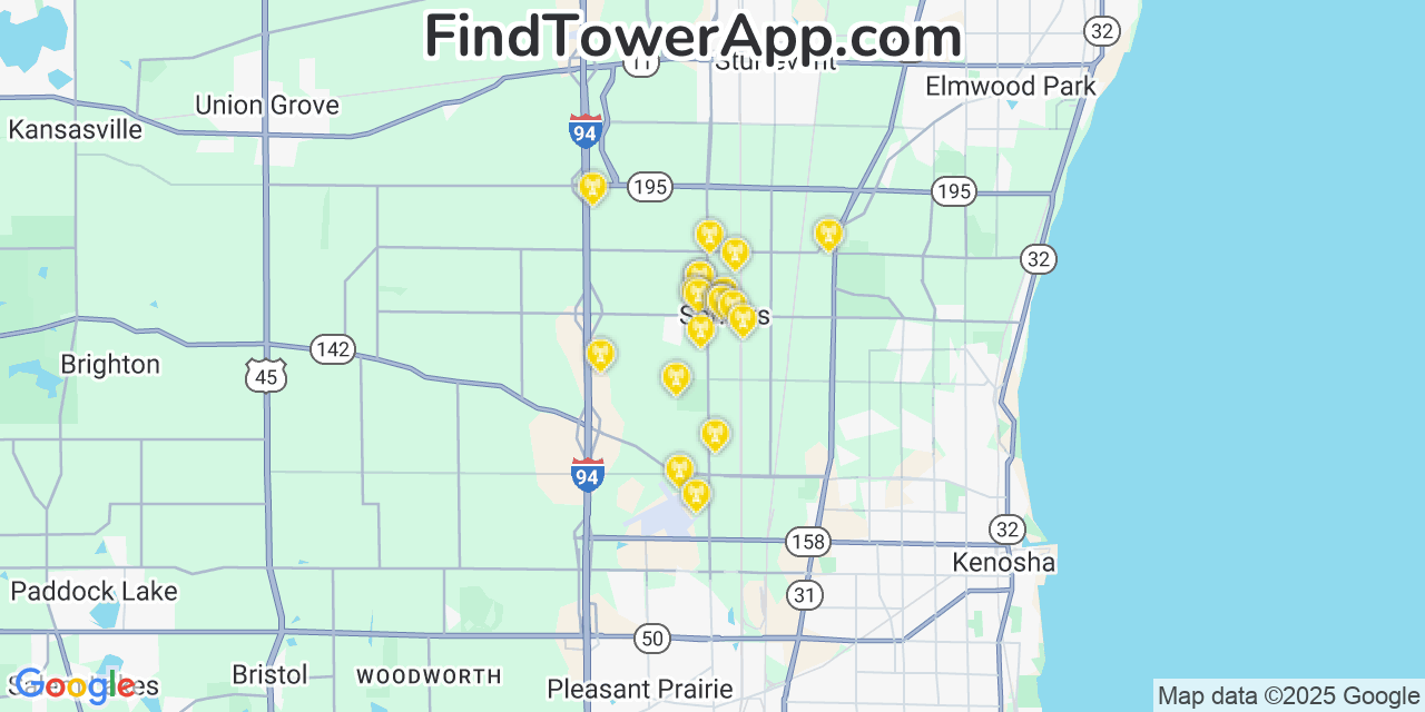Map showing the 20 primary cell tower locations detected in Somers, Wisconsin from AT&T, Verizon, and T-Mobile networks