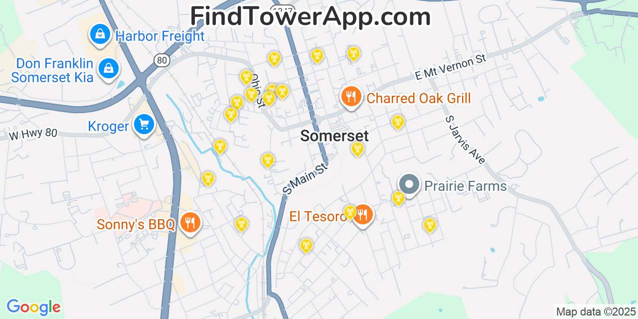 Map showing the 20 primary cell tower locations detected in Somerset, Kentucky from AT&T, Verizon, and T-Mobile networks