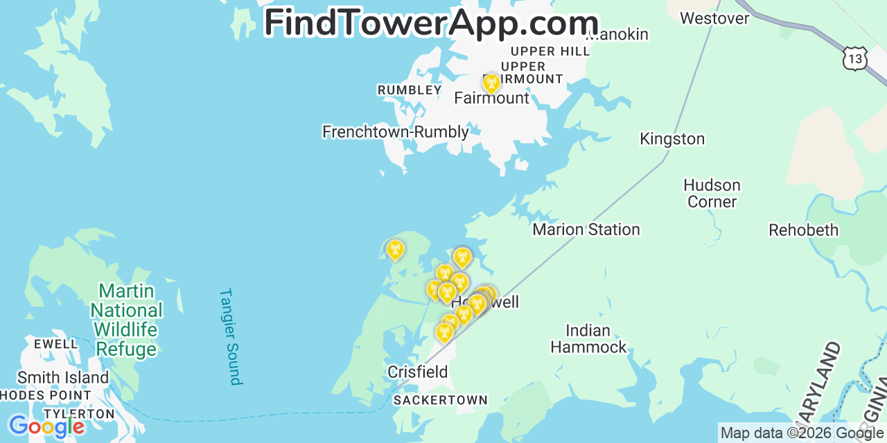 Map showing the 20 primary cell tower locations detected in Somerset, Maryland from AT&T, Verizon, and T-Mobile networks