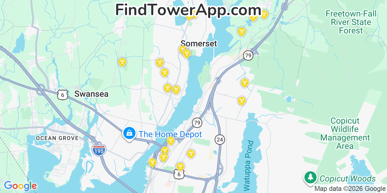 Map showing the 20 primary cell tower locations detected in Somerset, Massachusetts from AT&T, Verizon, and T-Mobile networks
