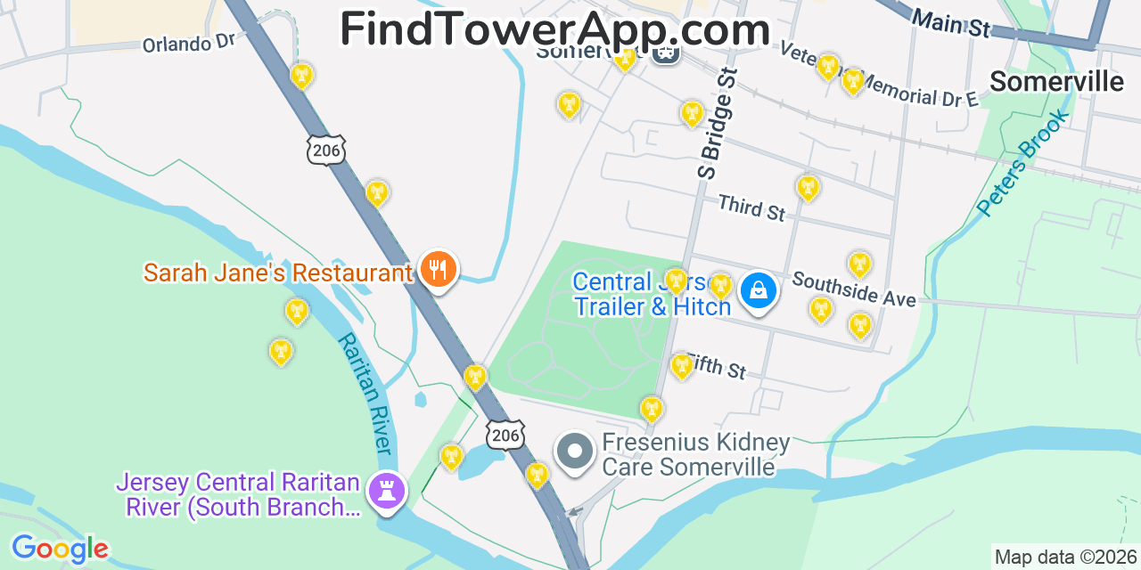 Map showing the 20 primary cell tower locations detected in Somerset, New Jersey from AT&T, Verizon, and T-Mobile networks