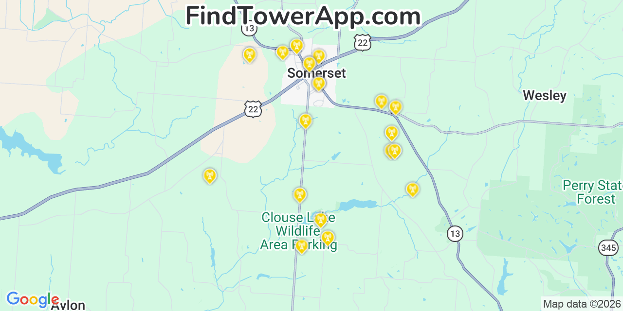 Map showing the 20 primary cell tower locations detected in Somerset, Ohio from AT&T, Verizon, and T-Mobile networks