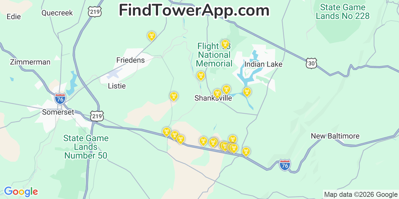 Map showing the 20 primary cell tower locations detected in Somerset, Pennsylvania from AT&T, Verizon, and T-Mobile networks