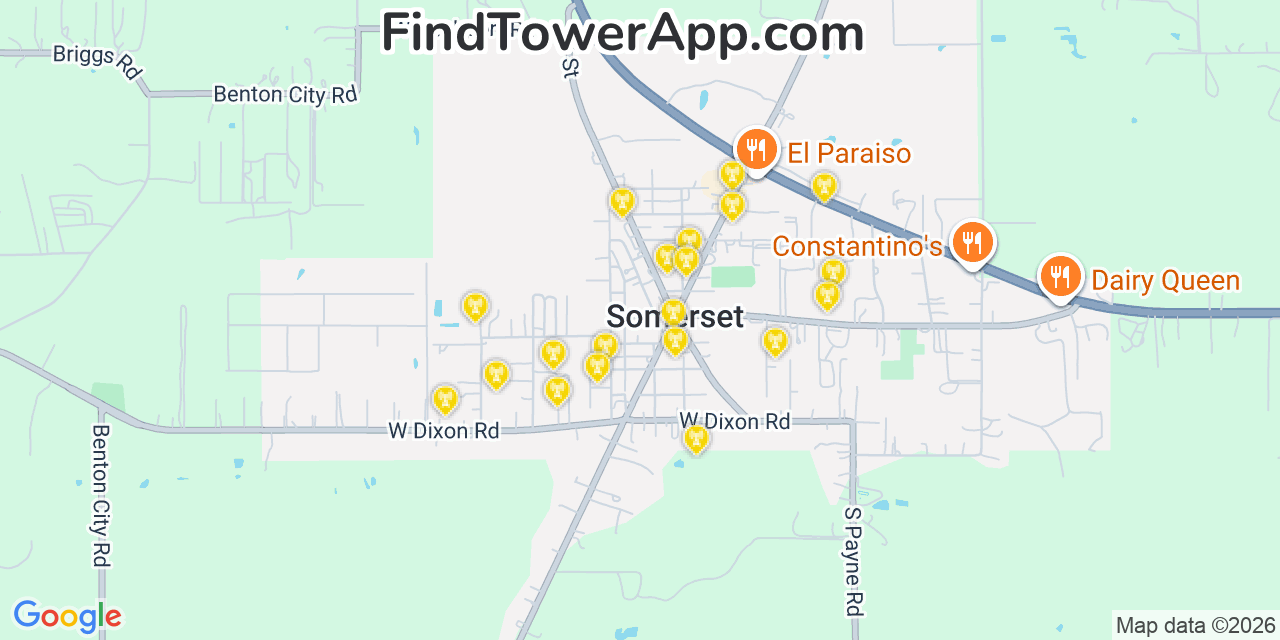 Map showing the 20 primary cell tower locations detected in Somerset, Texas from AT&T, Verizon, and T-Mobile networks