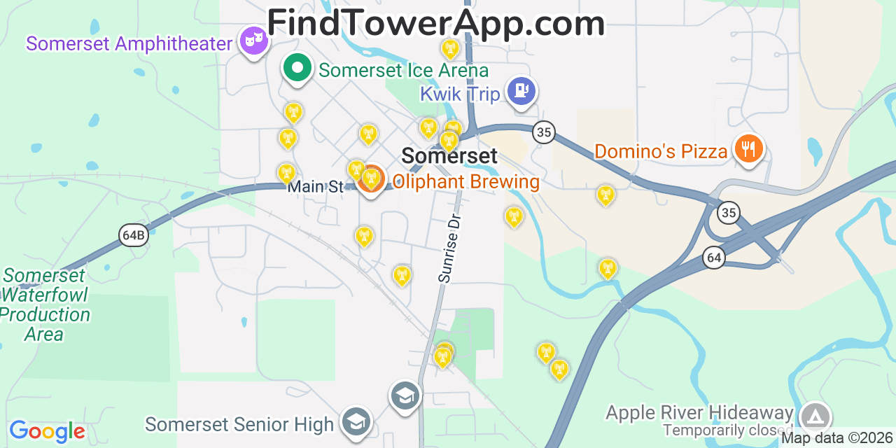Map showing the 20 primary cell tower locations detected in Somerset, Wisconsin from AT&T, Verizon, and T-Mobile networks