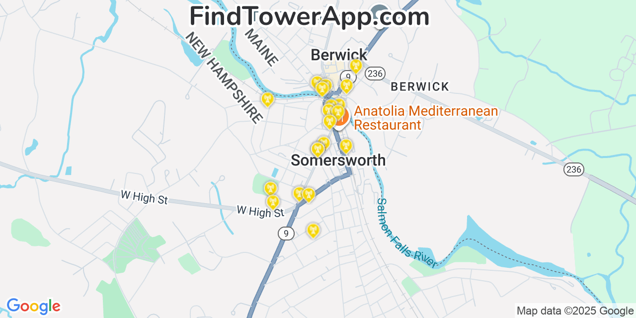 Map showing the 20 primary cell tower locations detected in Somersworth, New Hampshire from AT&T, Verizon, and T-Mobile networks