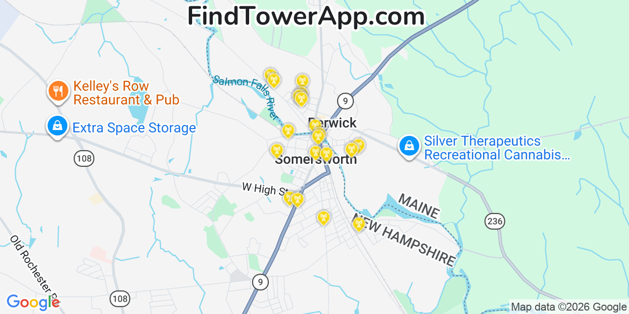 Map showing the 20 primary cell tower locations detected in Somersworth, New Hampshire from AT&T, Verizon, and T-Mobile networks