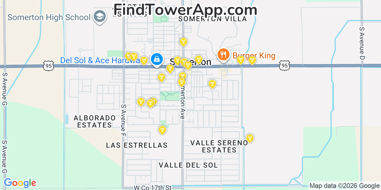 Map showing the 20 primary cell tower locations detected in Somerton, Arizona from AT&T, Verizon, and T-Mobile networks