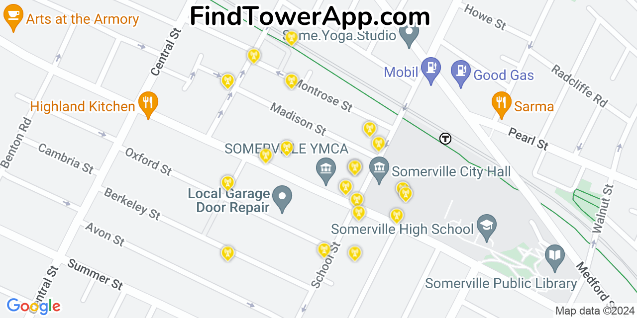 AT&T 4G/5G cell tower coverage map Somerville, Massachusetts