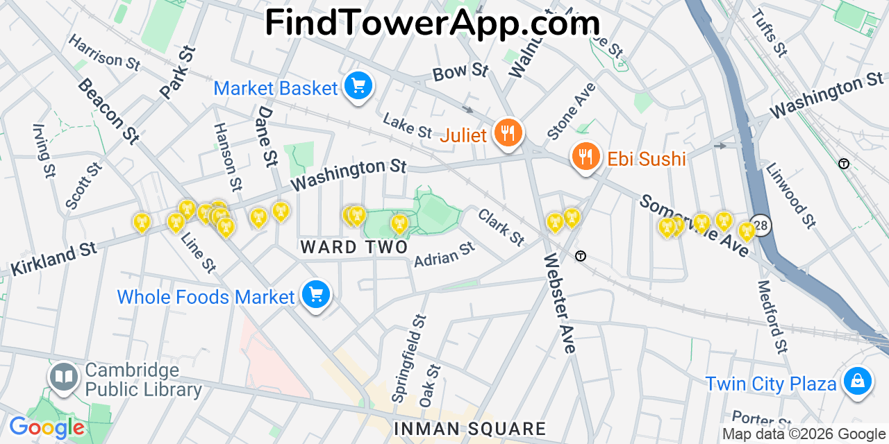 Map showing the 20 primary cell tower locations detected in Somerville, Massachusetts from AT&T, Verizon, and T-Mobile networks