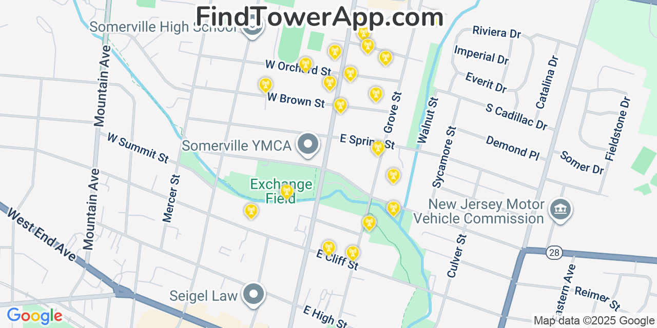 Map showing the 20 primary cell tower locations detected in Somerville, New Jersey from AT&T, Verizon, and T-Mobile networks