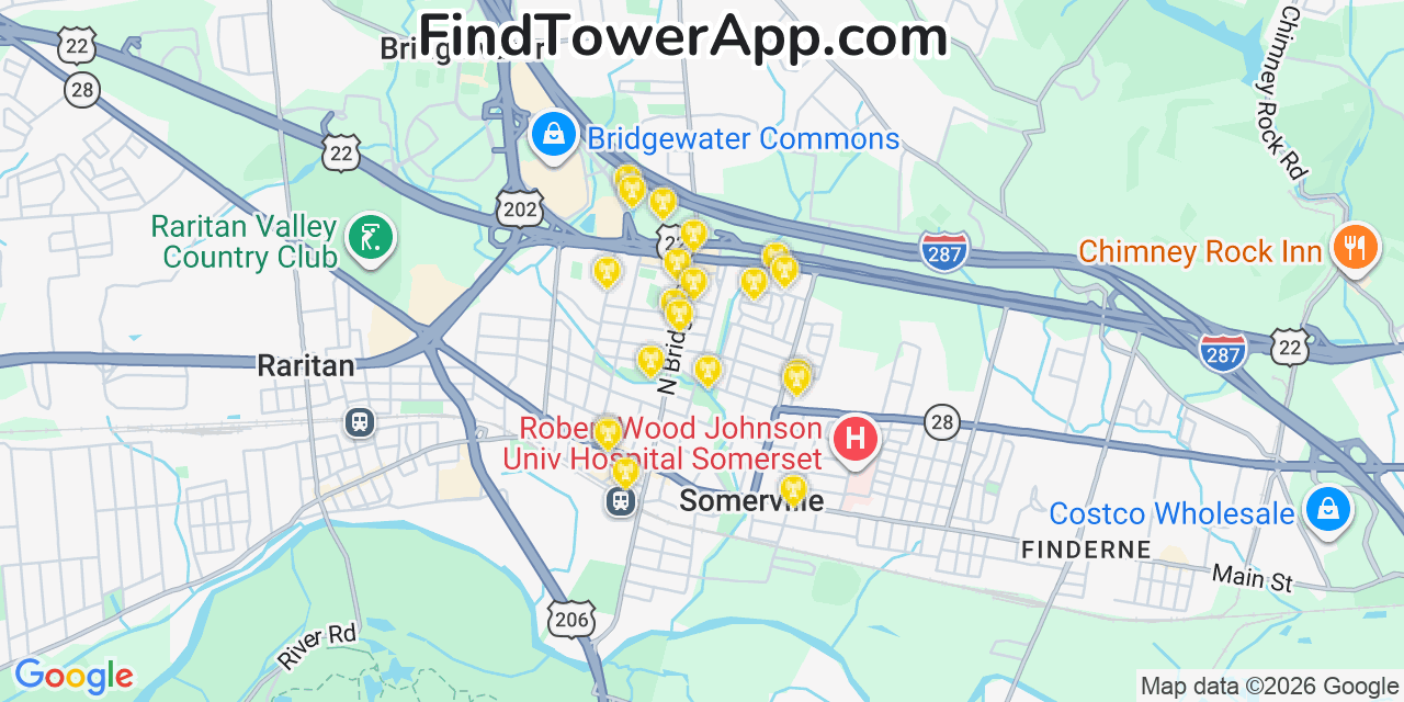 Map showing the 20 primary cell tower locations detected in Somerville, New Jersey from AT&T, Verizon, and T-Mobile networks