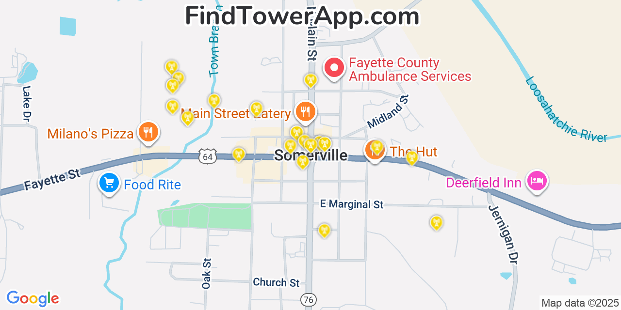 Map showing the 20 primary cell tower locations detected in Somerville, Tennessee from AT&T, Verizon, and T-Mobile networks