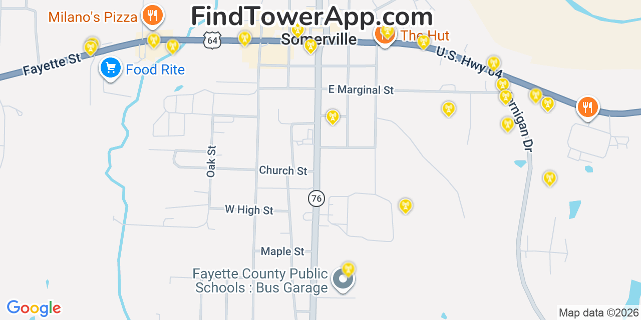 Map showing the 20 primary cell tower locations detected in Somerville, Tennessee from AT&T, Verizon, and T-Mobile networks