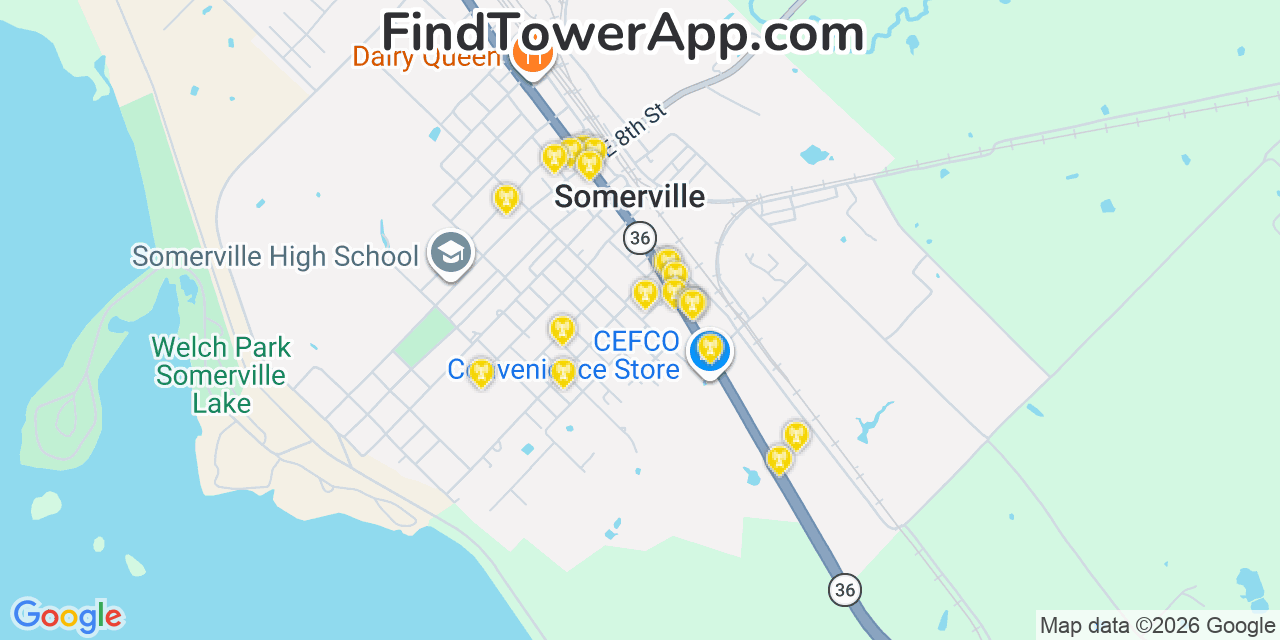 Map showing the 20 primary cell tower locations detected in Somerville, Texas from AT&T, Verizon, and T-Mobile networks