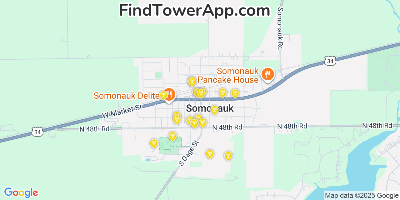 Map showing the 20 primary cell tower locations detected in Somonauk, Illinois from AT&T, Verizon, and T-Mobile networks