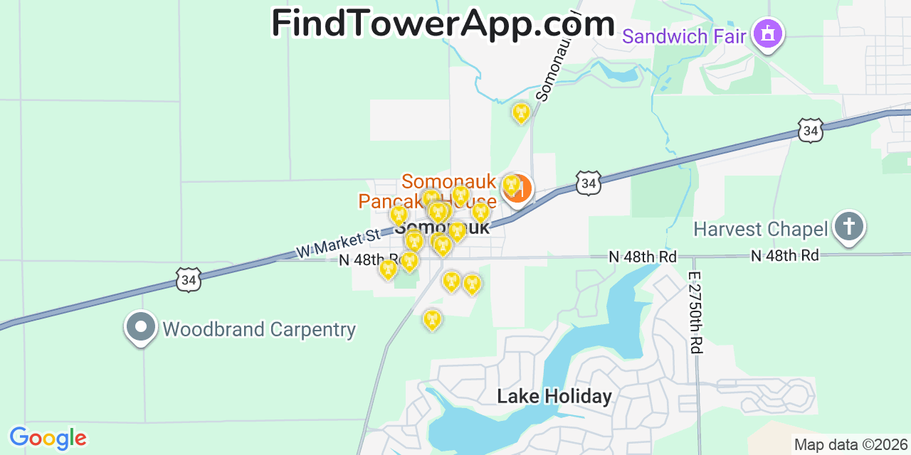 Map showing the 20 primary cell tower locations detected in Somonauk, Illinois from AT&T, Verizon, and T-Mobile networks