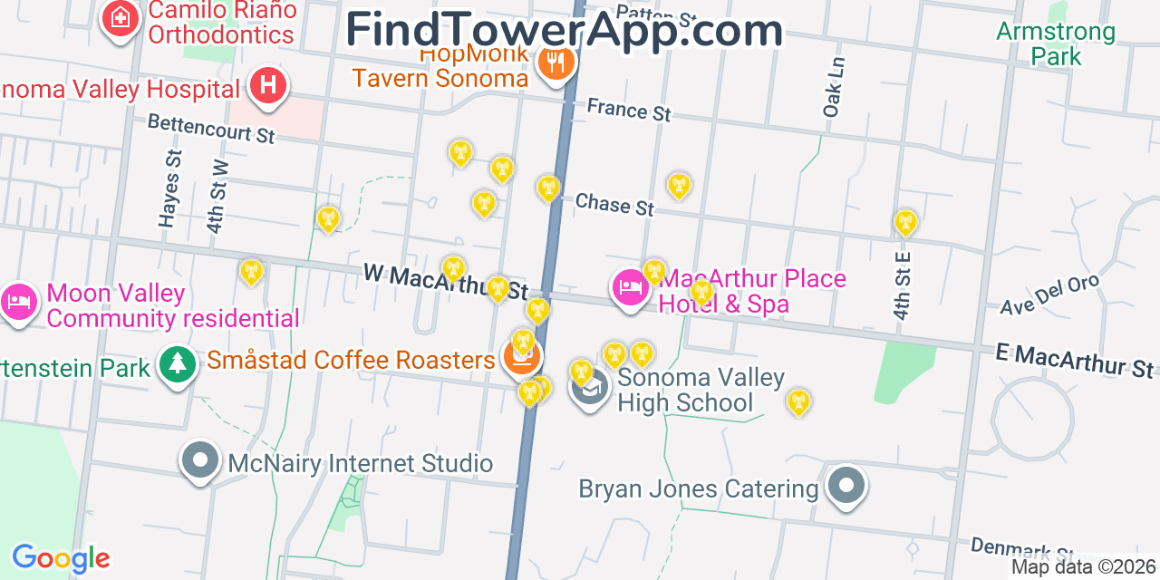 Map showing the 20 primary cell tower locations detected in Sonoma, California from AT&T, Verizon, and T-Mobile networks