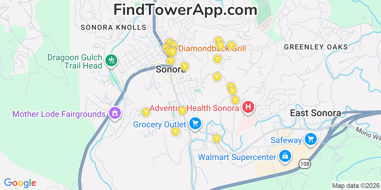 Map showing the 20 primary cell tower locations detected in Sonora, California from AT&T, Verizon, and T-Mobile networks