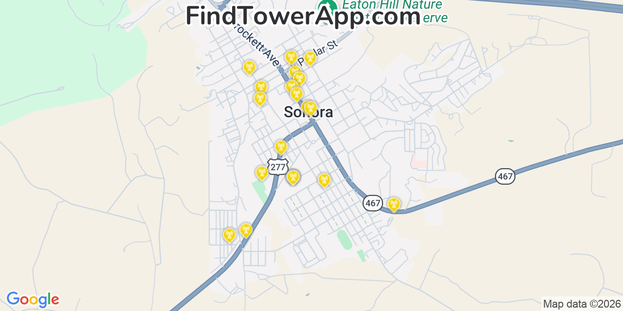 Map showing the 20 primary cell tower locations detected in Sonora, Texas from AT&T, Verizon, and T-Mobile networks